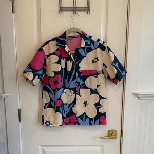Rare Marimekko Navy Floral Short-Sleeve Button-Down with vintage Hawaiian feel